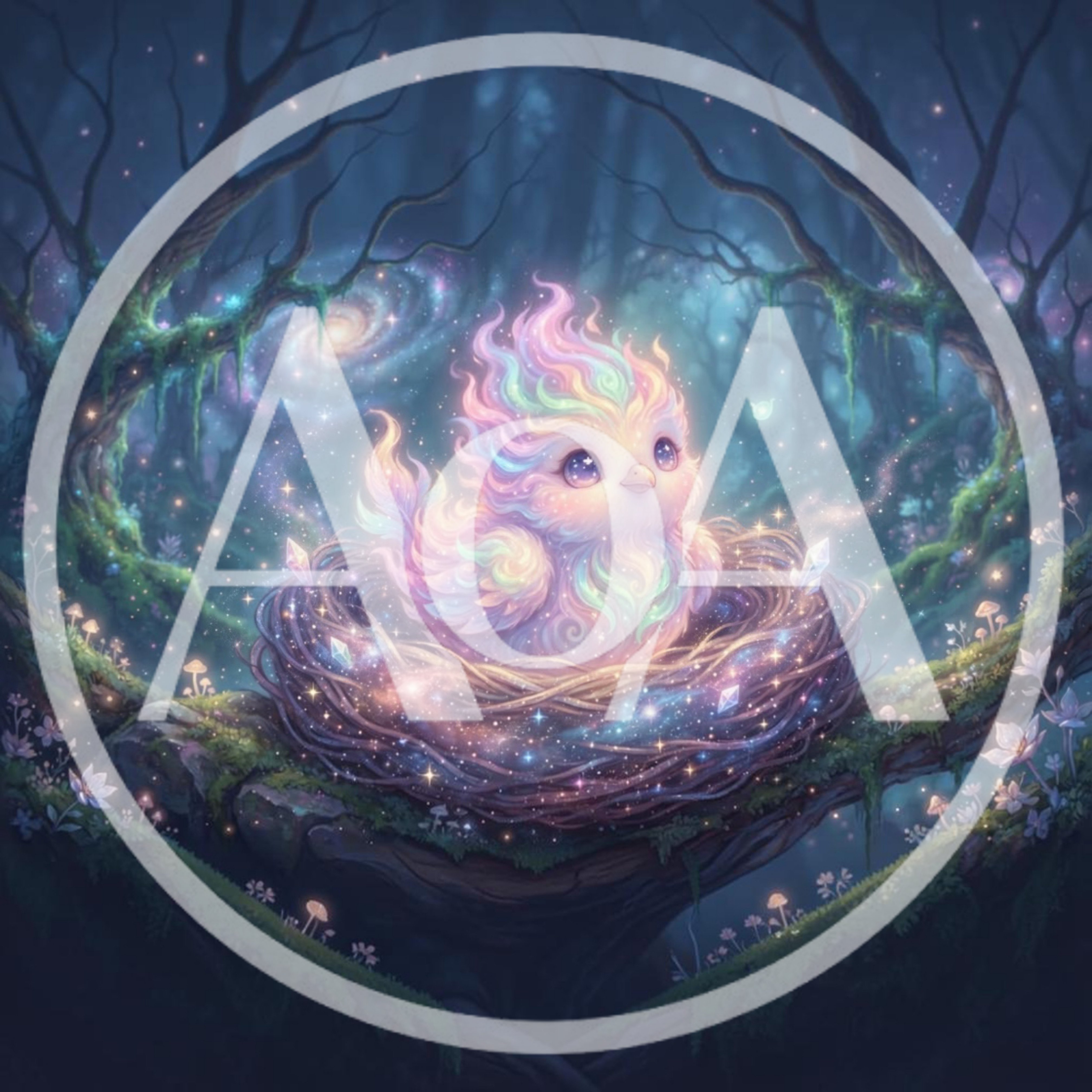 Cute Fantasy Phoenix Chick Sitting In Cosmic Nest