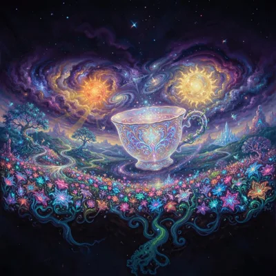 Surreal Fantasy Teacup Floating Above A Magical Flower Field