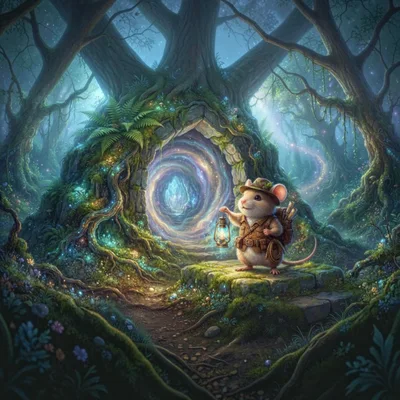 Adventurous Mouse Explorer Standing Before A Magical Portal