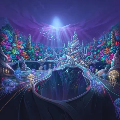 Fantasy Underwater City With Glowing Jellyfish And Coral Reef