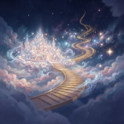Fantasy Palace Floating Above Clouds With Golden Stairway