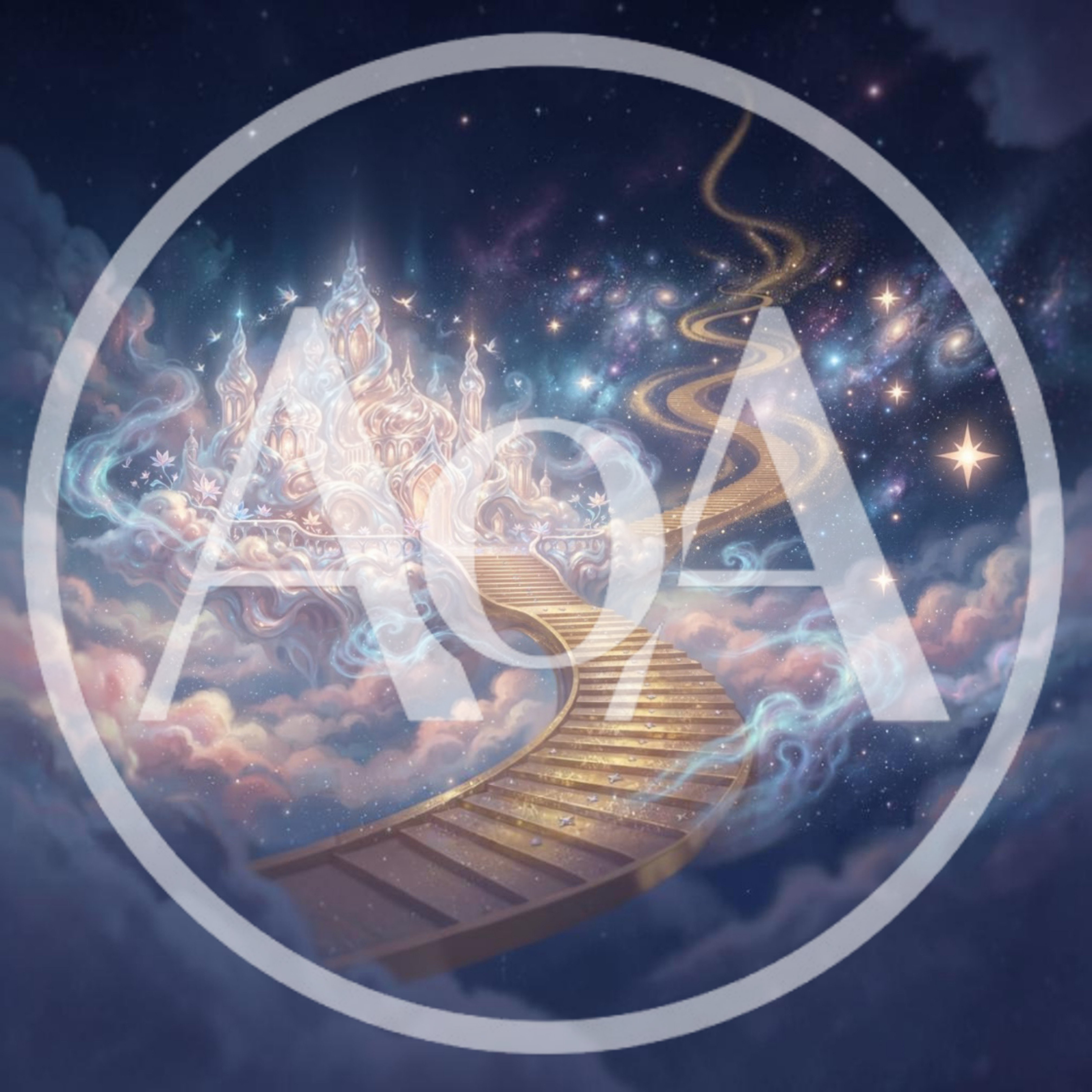 Fantasy Palace Floating Above Clouds With Golden Stairway