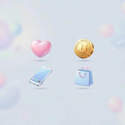 3D Rendered Icons Of Heart Coin Phone And Bag