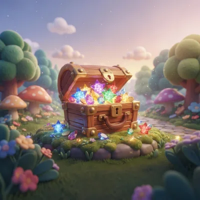 Treasure Chest Filled With Glowing Gems In Fantasy Forest