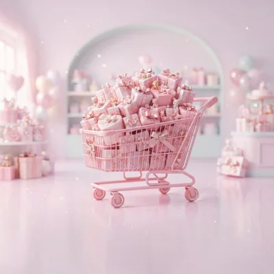 Pink Shopping Cart Filled With Gift Boxes