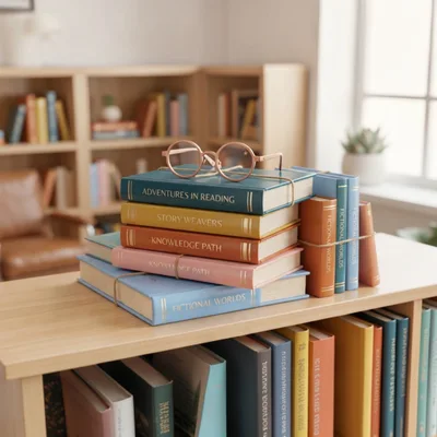 Stack Of Books With Glasses On A Library Shelf
