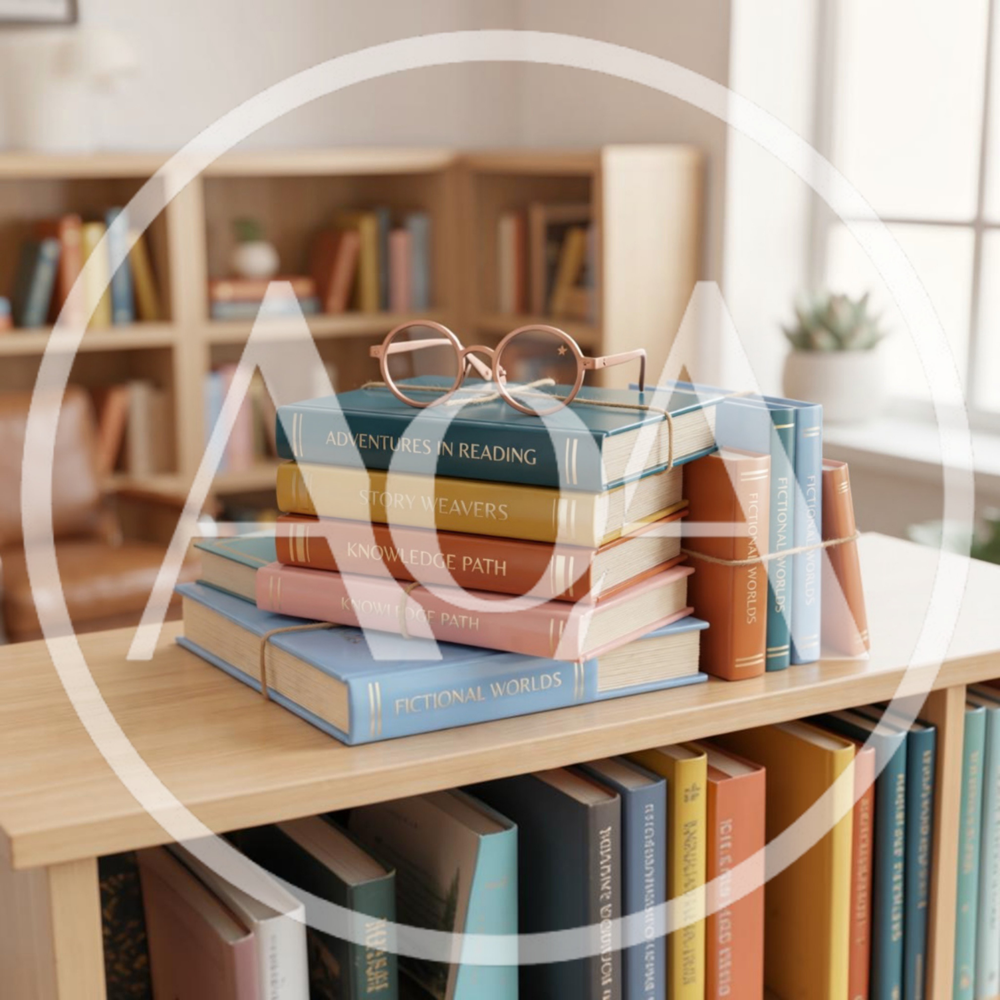 Stack Of Books With Glasses On A Library Shelf