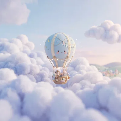 Cute Hot Air Balloon Floating Above Fluffy Clouds