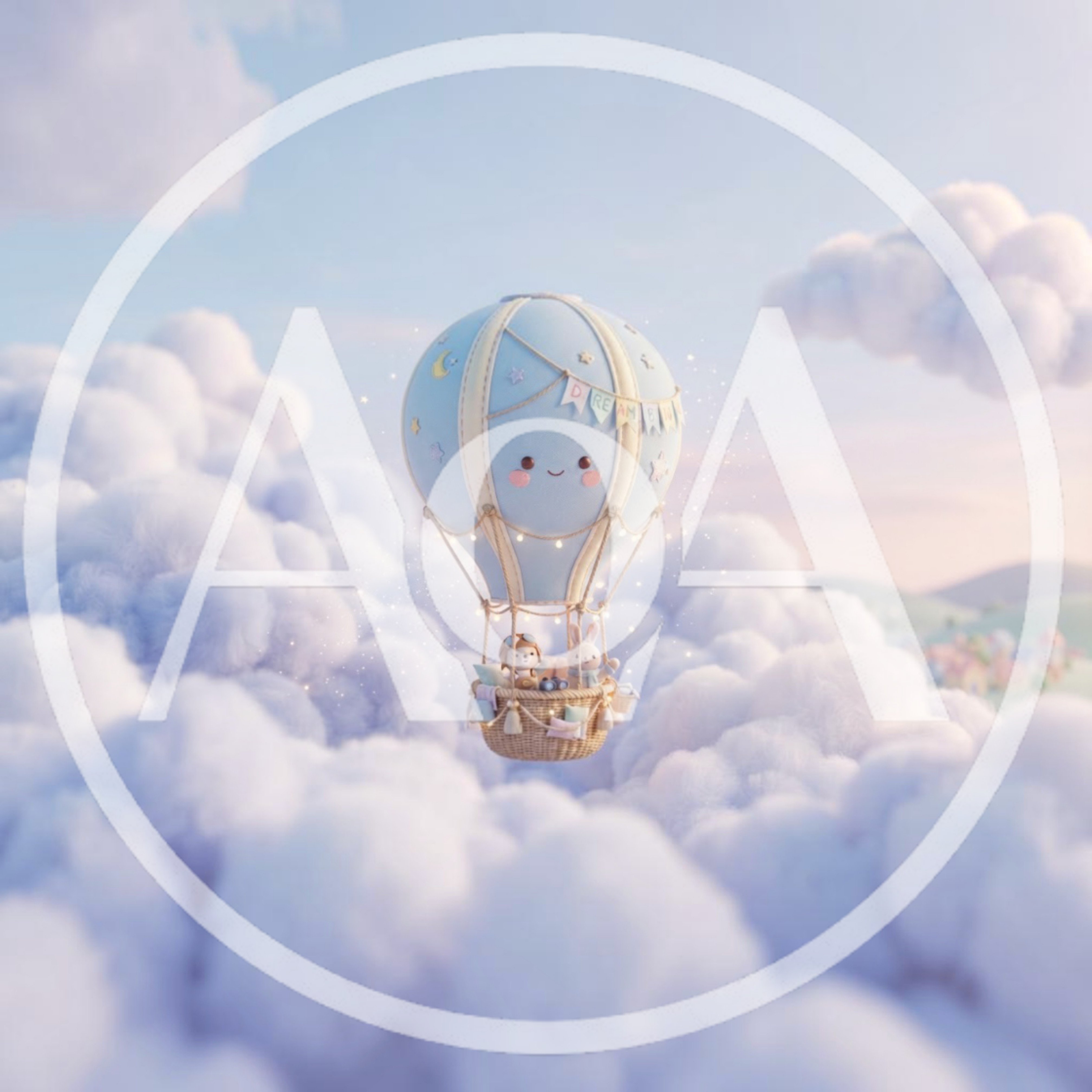 Cute Hot Air Balloon Floating Above Fluffy Clouds