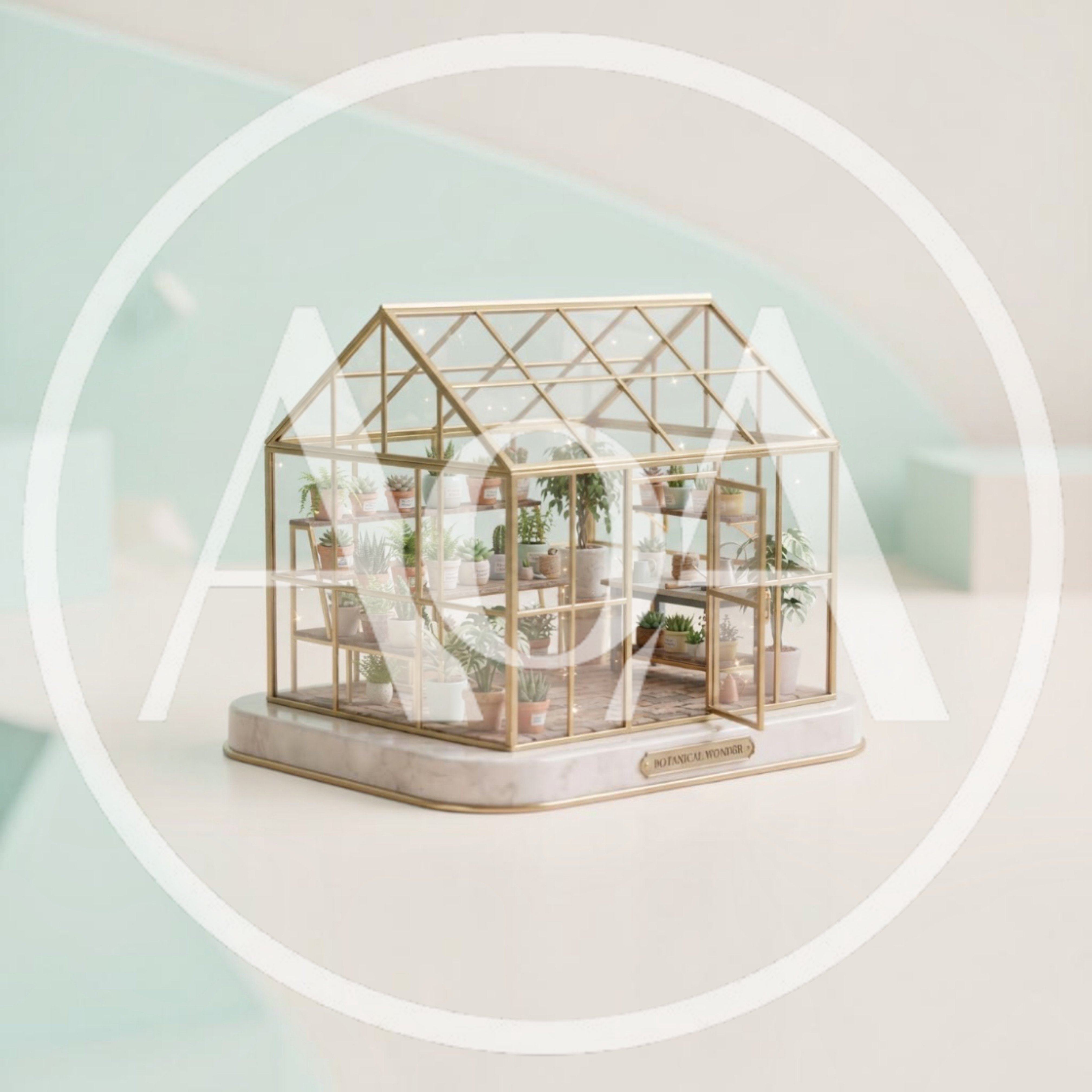 Miniature Glass Greenhouse With Potted Plants