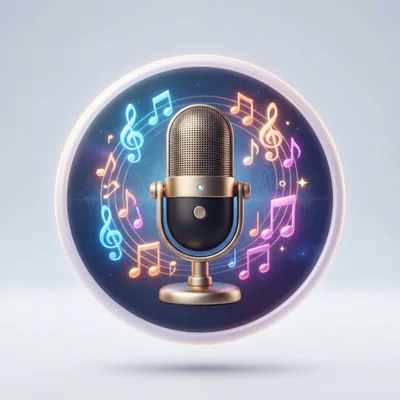 3D Rendered Microphone With Floating Neon Musical Notes