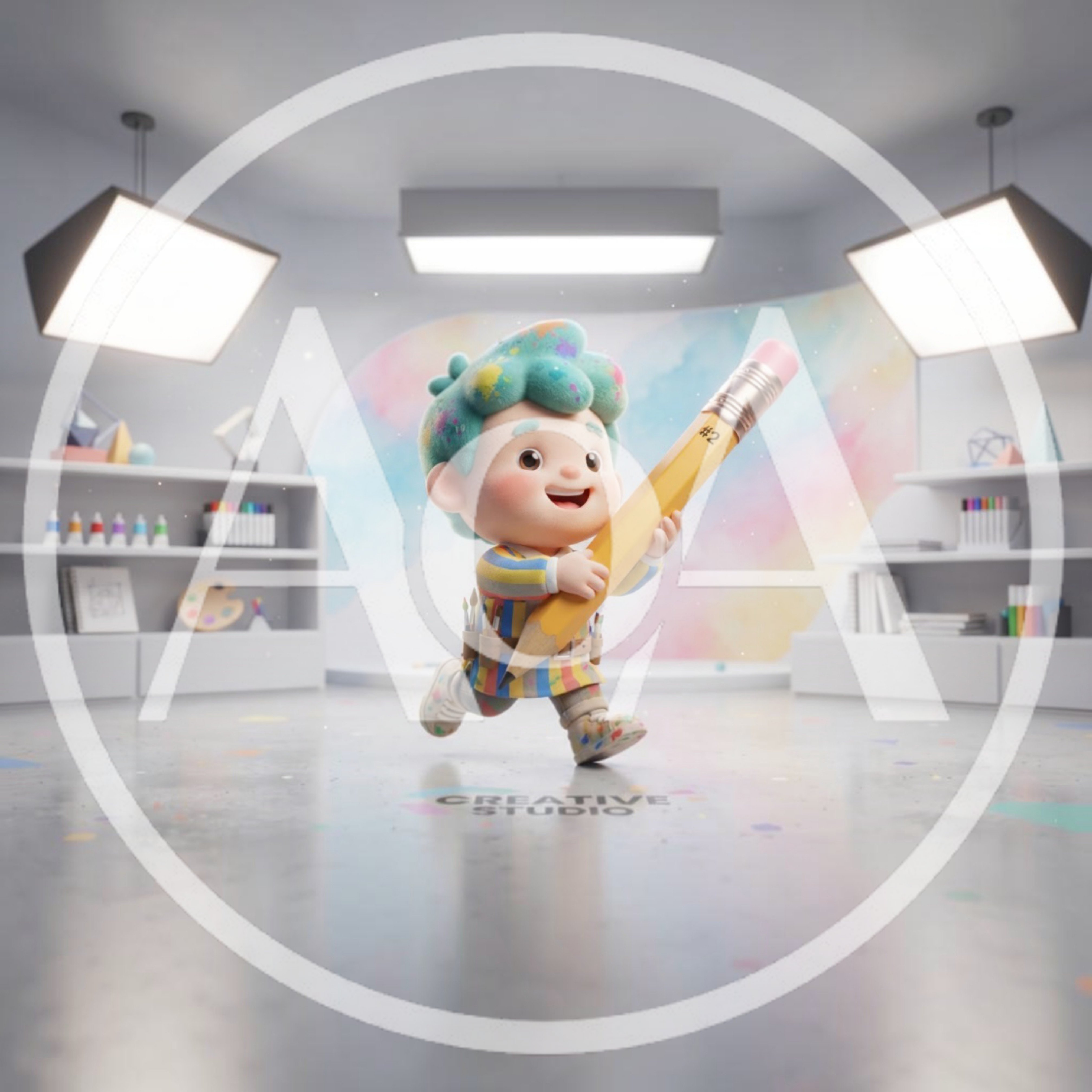 3D Cartoon Character Holding A Giant Pencil In Studio