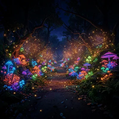 Enchanted Forest Path With Glowing Bioluminescent Mushrooms