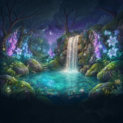 Enchanted Forest Waterfall With Glowing Flowers And Pond