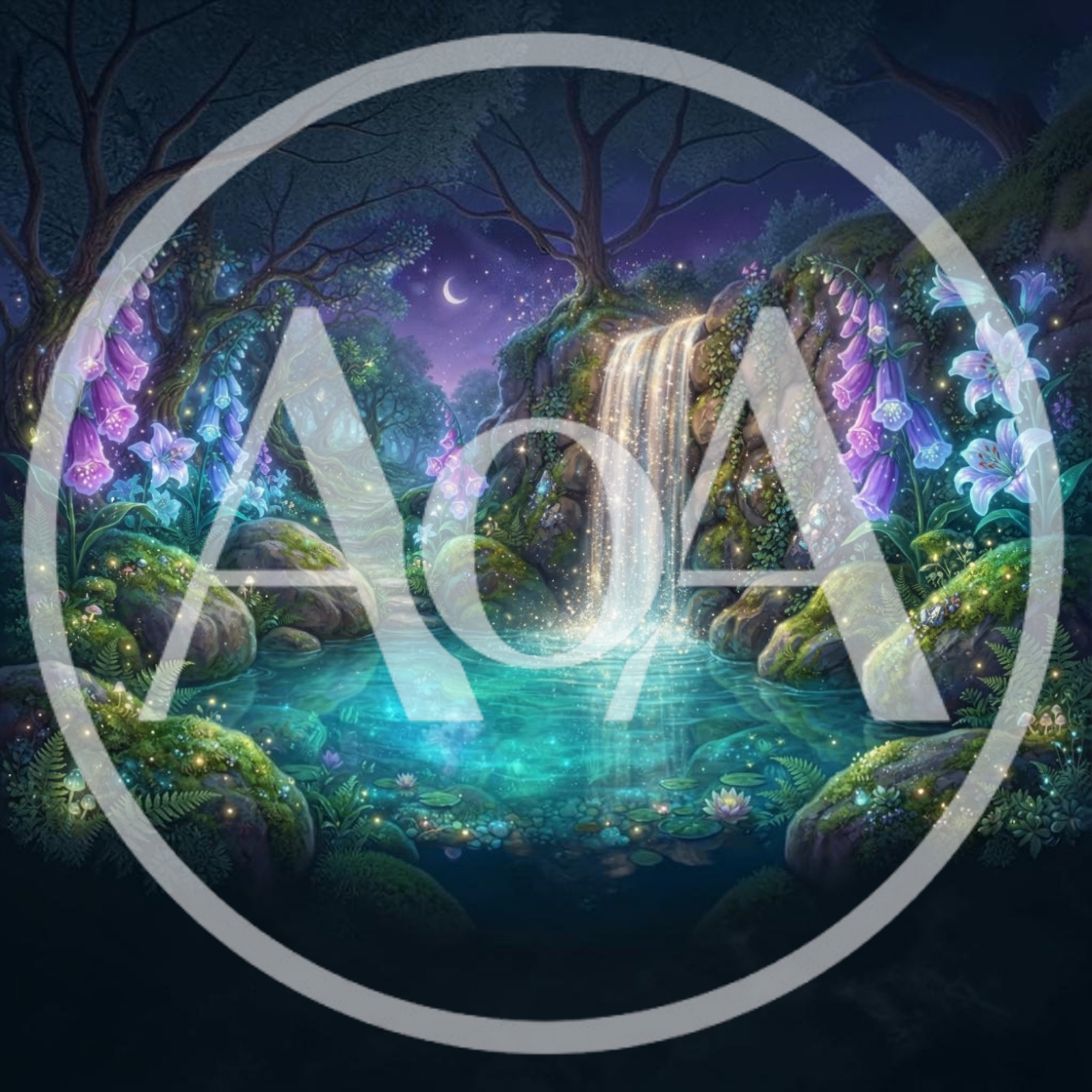Enchanted Forest Waterfall With Glowing Flowers And Pond