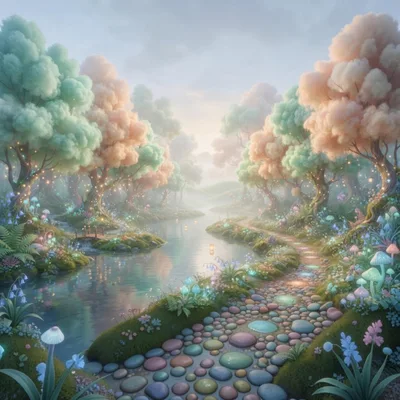 Enchanted Forest Path With Glowing Mushrooms And River