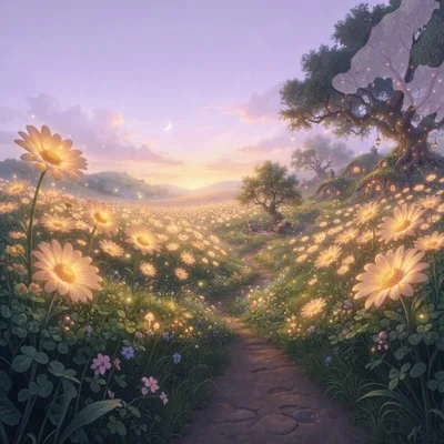 Enchanted Daisy Meadow With Hobbit Style Cottages