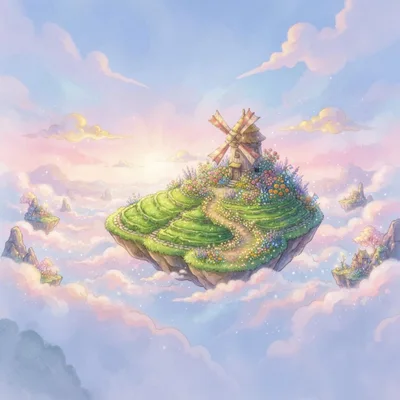 Floating Island With Windmill In Dreamy Sky