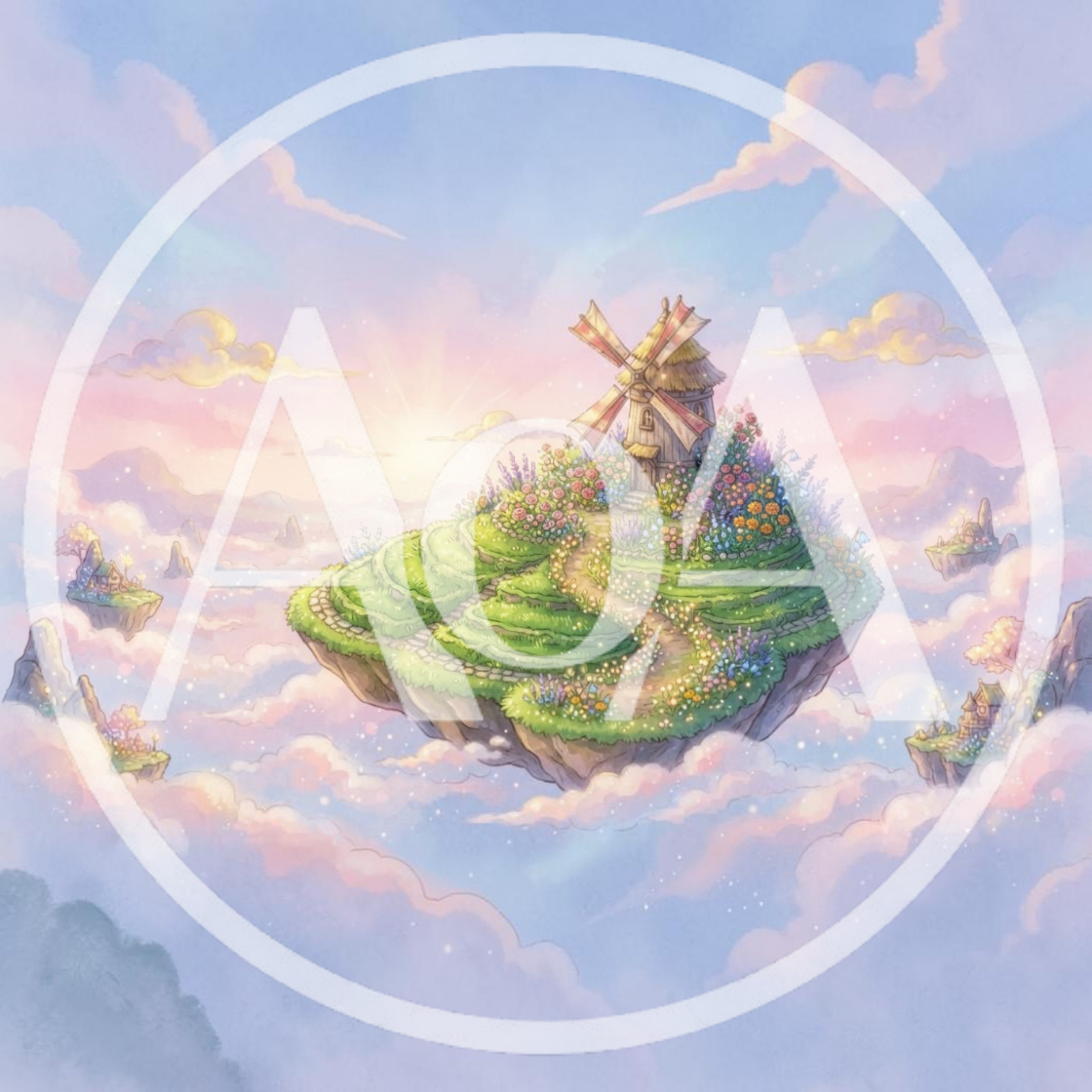 Floating Island With Windmill In Dreamy Sky