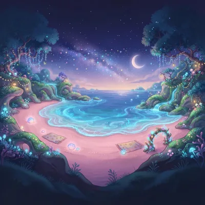Enchanted Bioluminescent Beach Under A Starry Night Sky