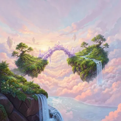 Fantasy Floating Islands With Crystal Bridge And Waterfalls