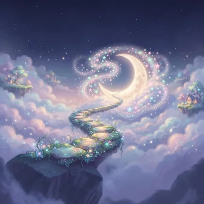Fantasy Stairway Leading To A Glowing Crescent Moon
