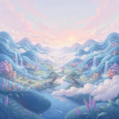 Whimsical Fantasy Landscape With Rolling Hills And River
