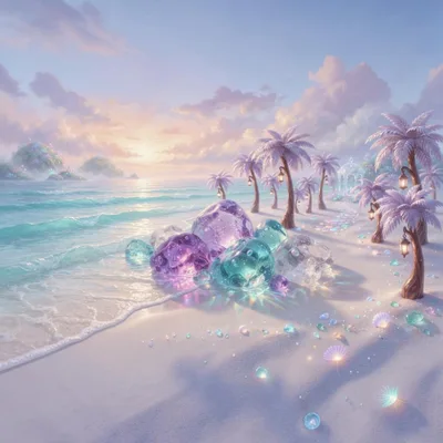 Fantasy Tropical Beach With Glowing Crystal Boulders