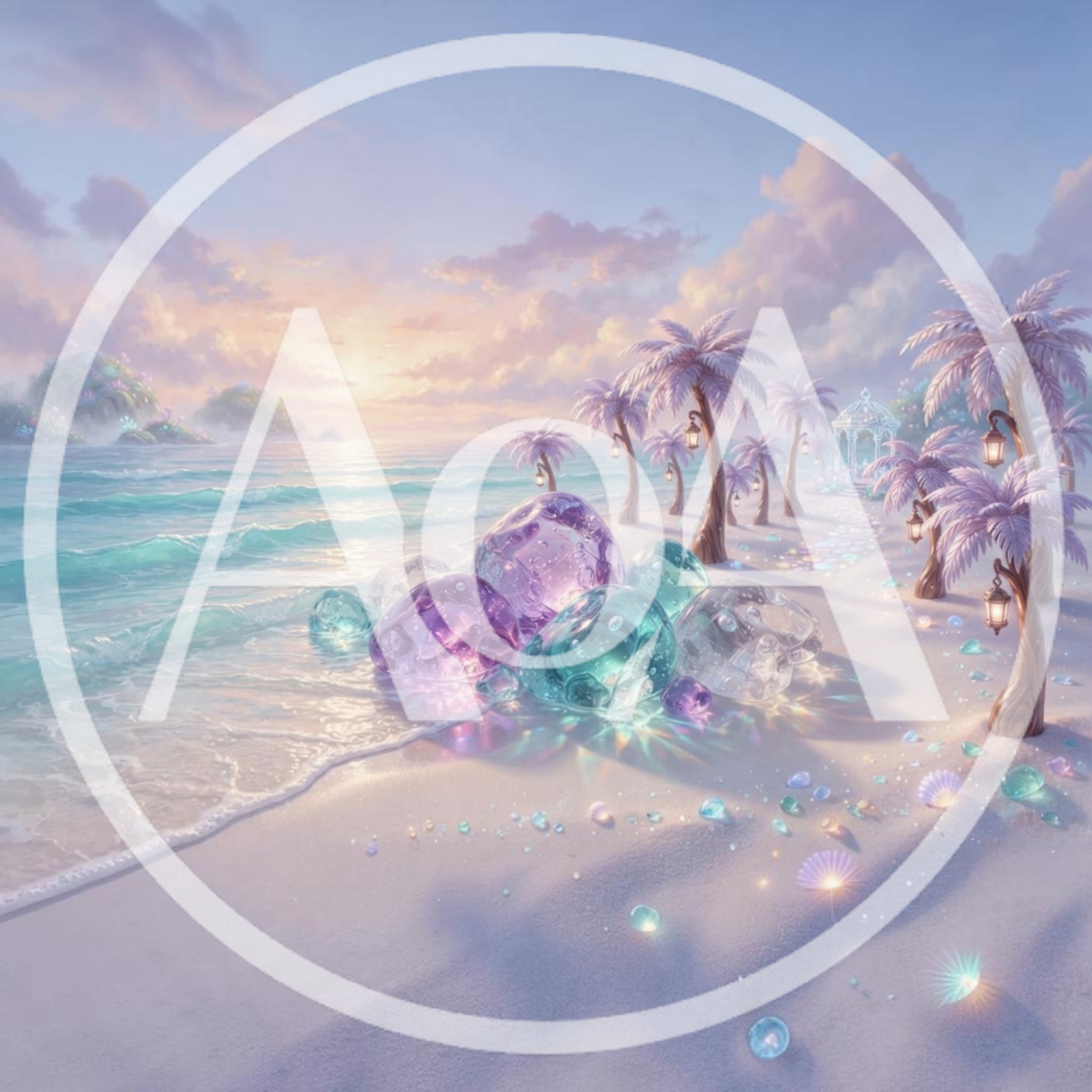 Fantasy Tropical Beach With Glowing Crystal Boulders