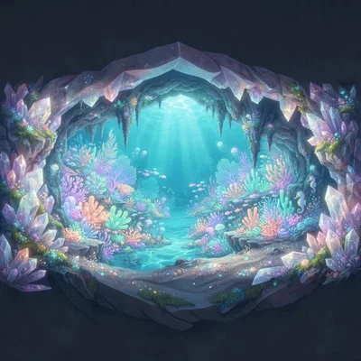 Underwater Crystal Cave With Vibrant Coral Reef