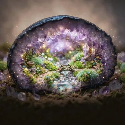 Miniature Fairy Garden Inside A Glowing Amethyst Geode