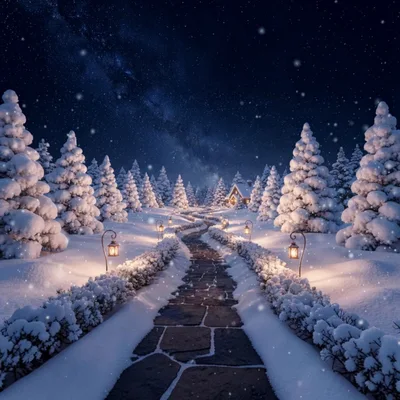 Snowy Winter Path Leading To A Cozy Cabin