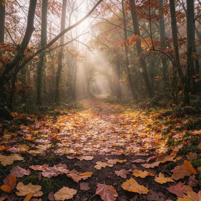 Sunlight Streaming Through Autumn Forest Path