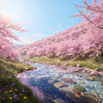 Cherry Blossom Trees Along A Flowing Mountain Stream