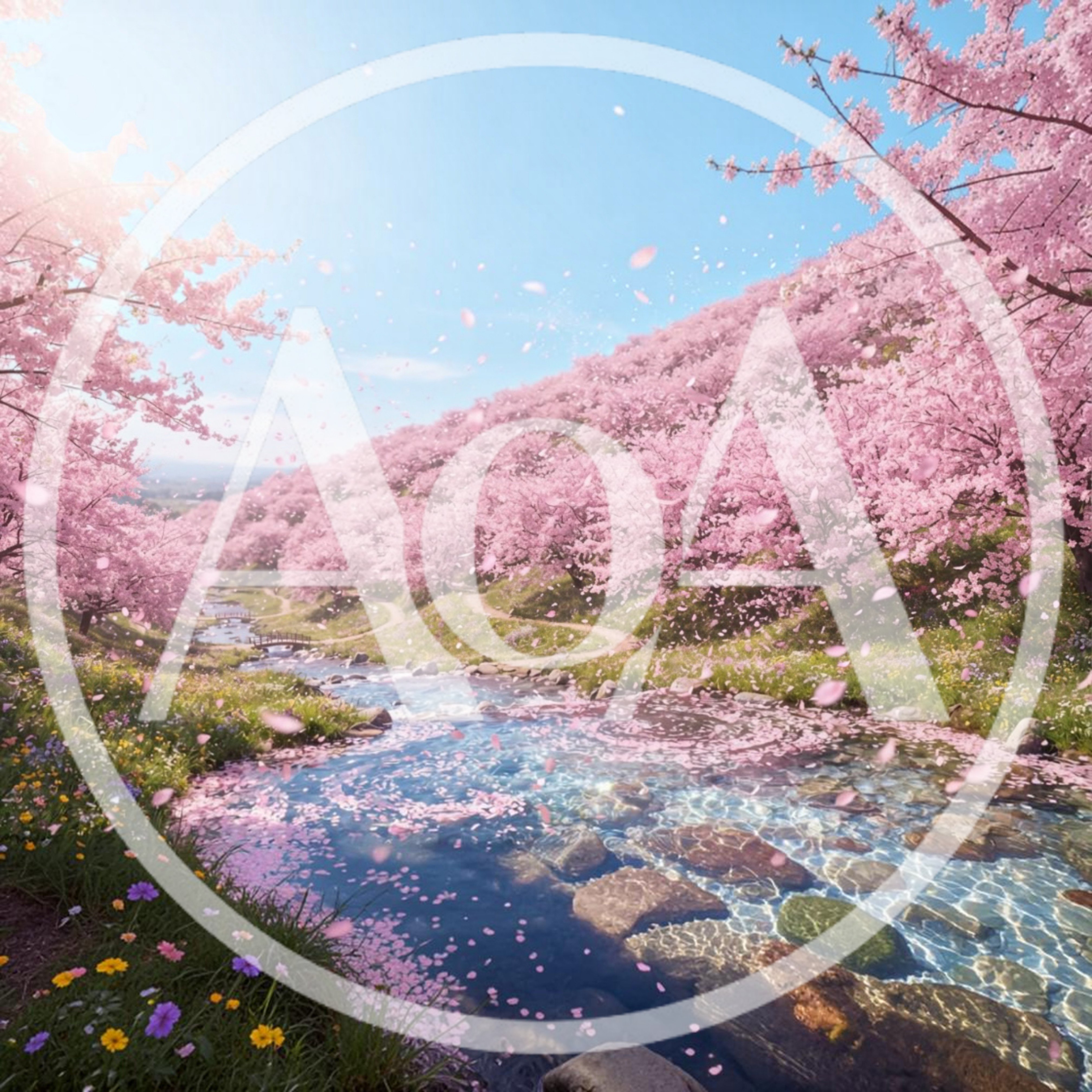 Cherry Blossom Trees Along A Flowing Mountain Stream