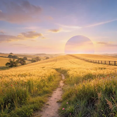 Golden Wheat Field With A Path At Sunset