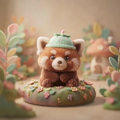 Cute Red Panda Wearing A Knitted Hat