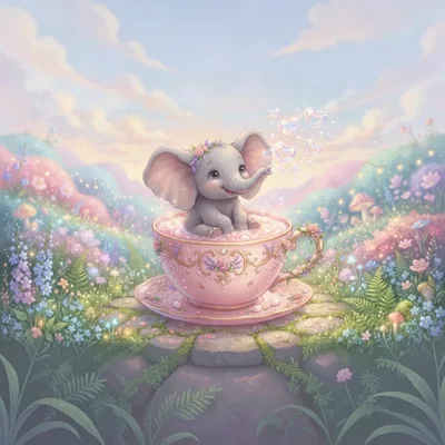 Cute Baby Elephant Sitting In A Pink Teacup