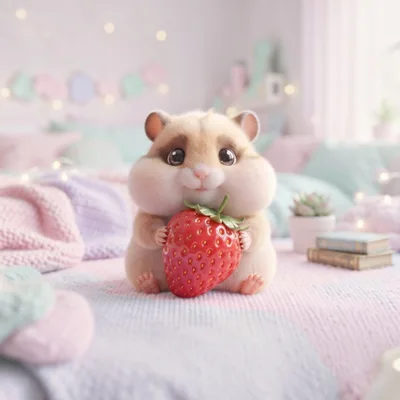 Cute Hamster Holding A Fresh Strawberry On A Bed