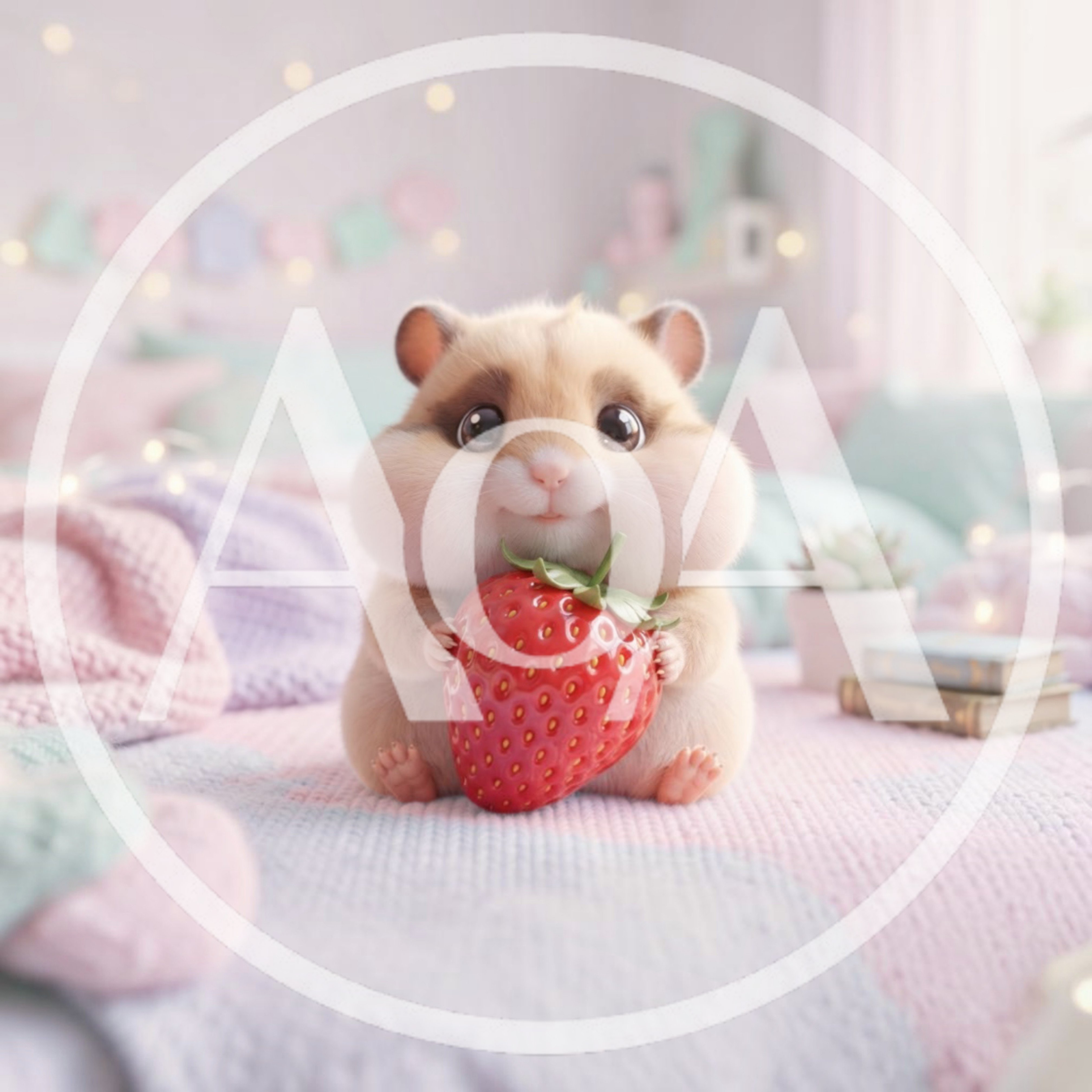 Cute Hamster Holding A Fresh Strawberry On A Bed