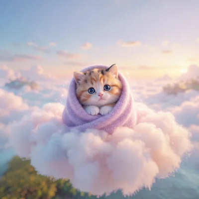 Cute Kitten Wrapped In A Blanket Floating On Clouds