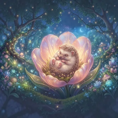 Cute Hedgehog Sleeping Inside A Glowing Magical Flower