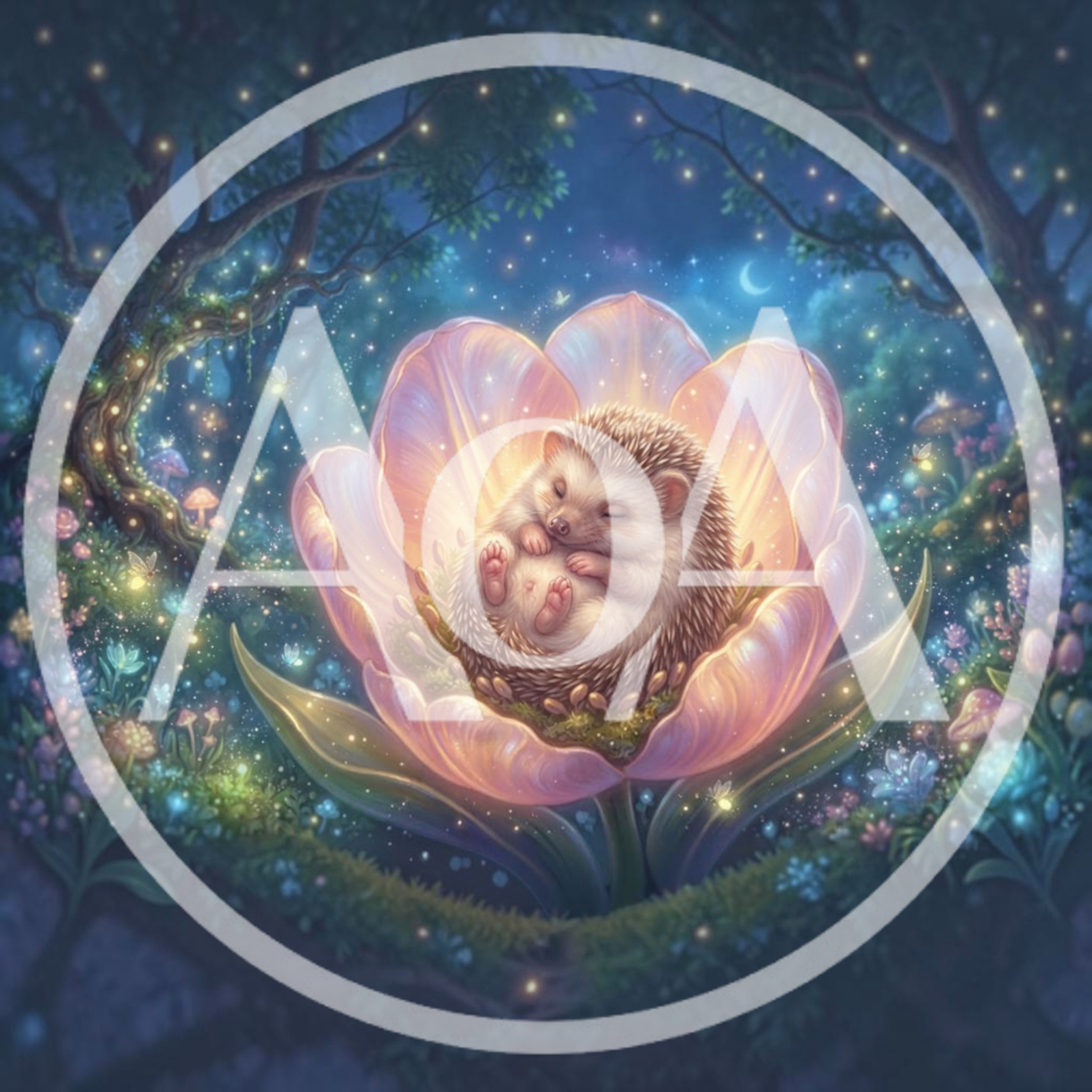 Cute Hedgehog Sleeping Inside A Glowing Magical Flower