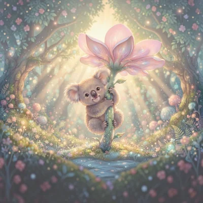 Cute Baby Koala Holding A Giant Pink Flower