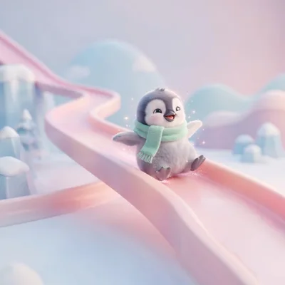 Cute Baby Penguin Sliding Down A Pink Slide