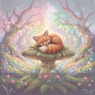 Sleeping Fox Resting On A Large Forest Mushroom
