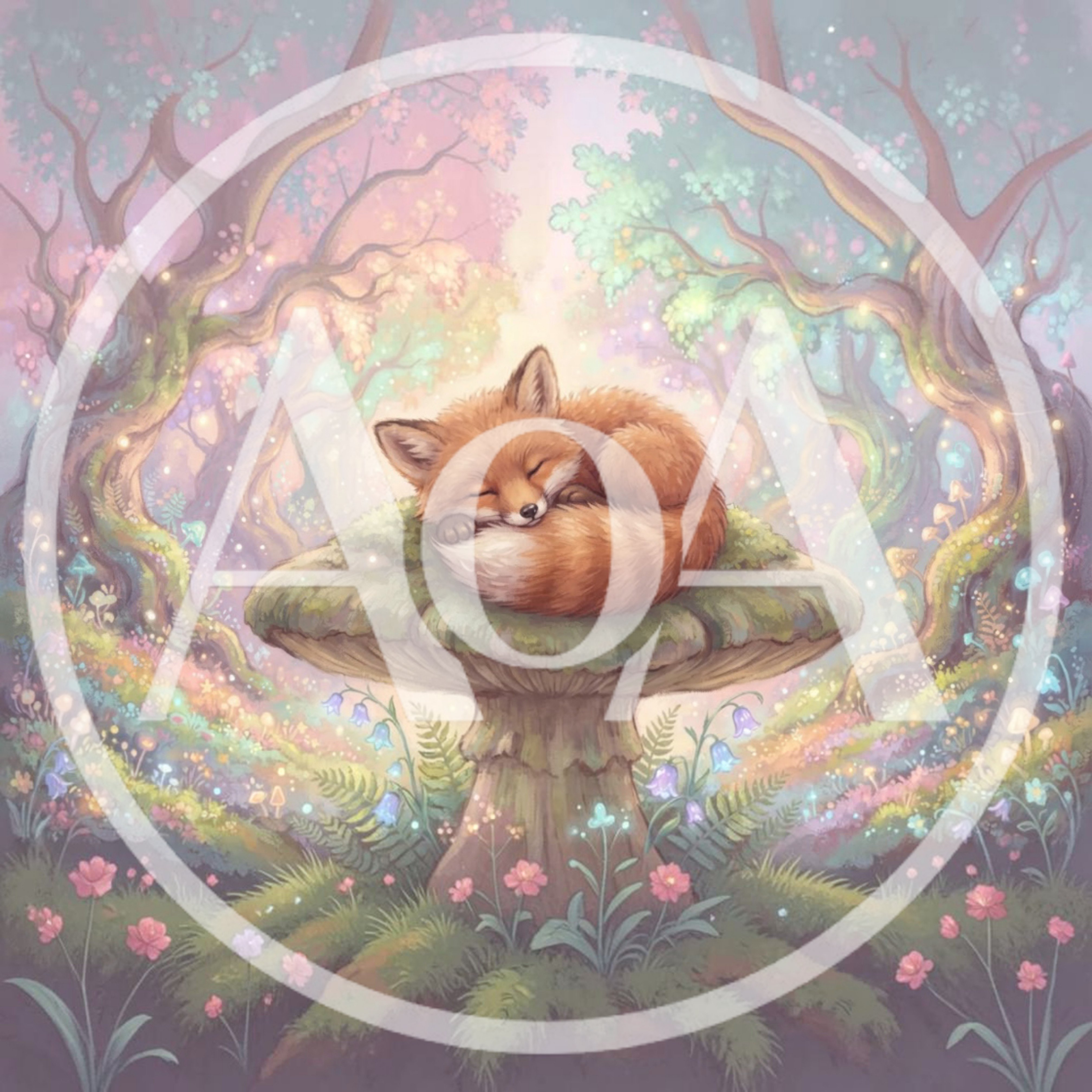 Sleeping Fox Resting On A Large Forest Mushroom