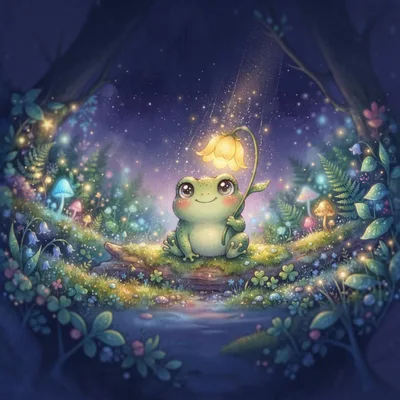 Cute Cartoon Frog Holding A Glowing Flower