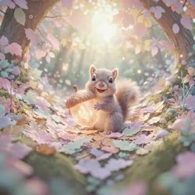 Cute Squirrel Holding A Glowing Magical Acorn