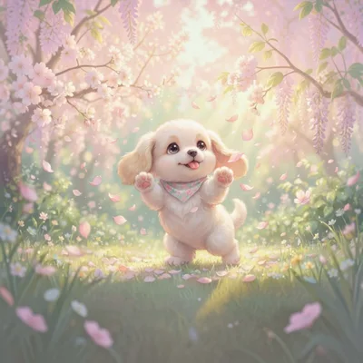 Cute Puppy Playing In A Spring Blossom Garden